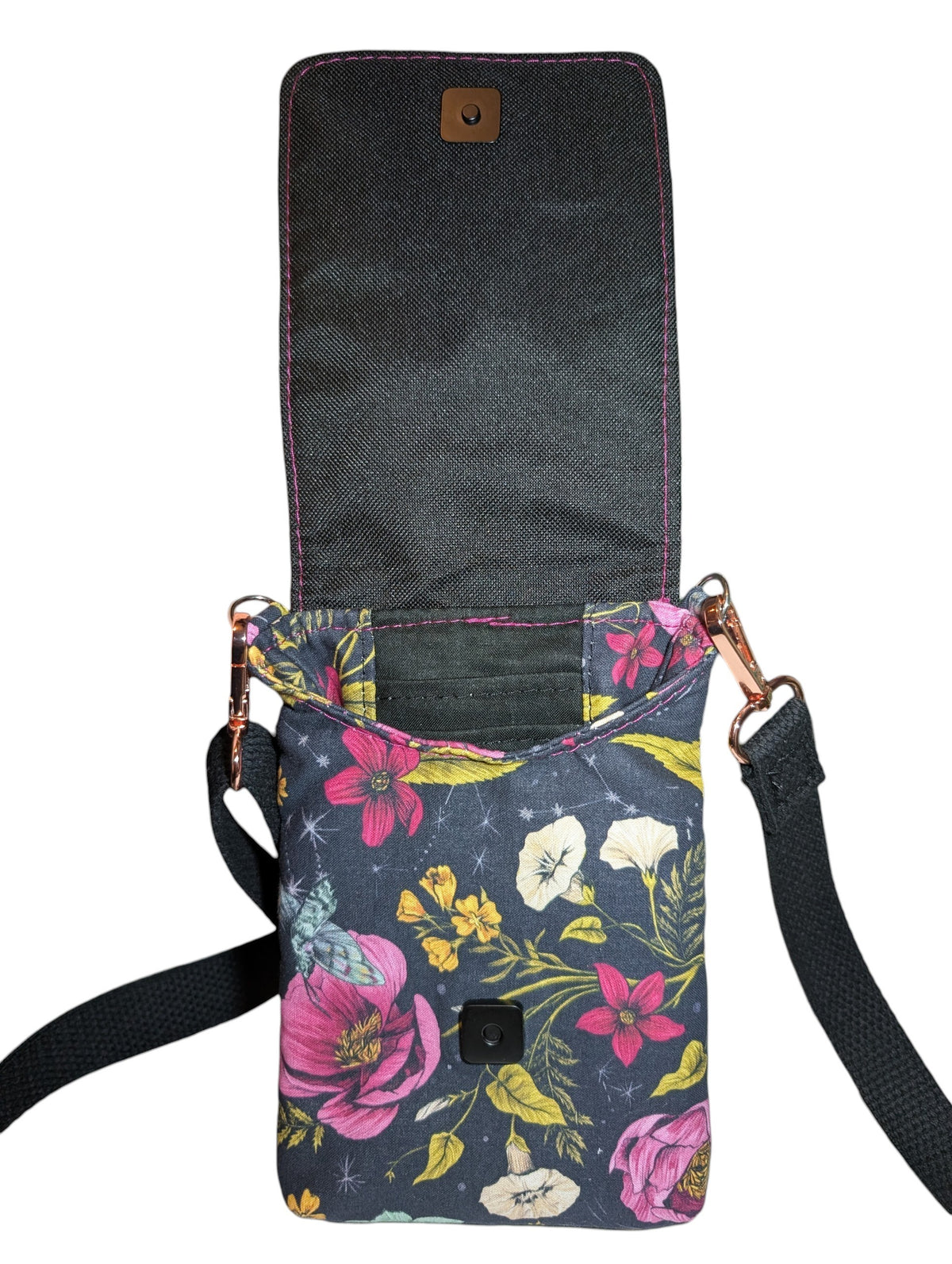Handcrafted crossbody purse bag flowers and moths