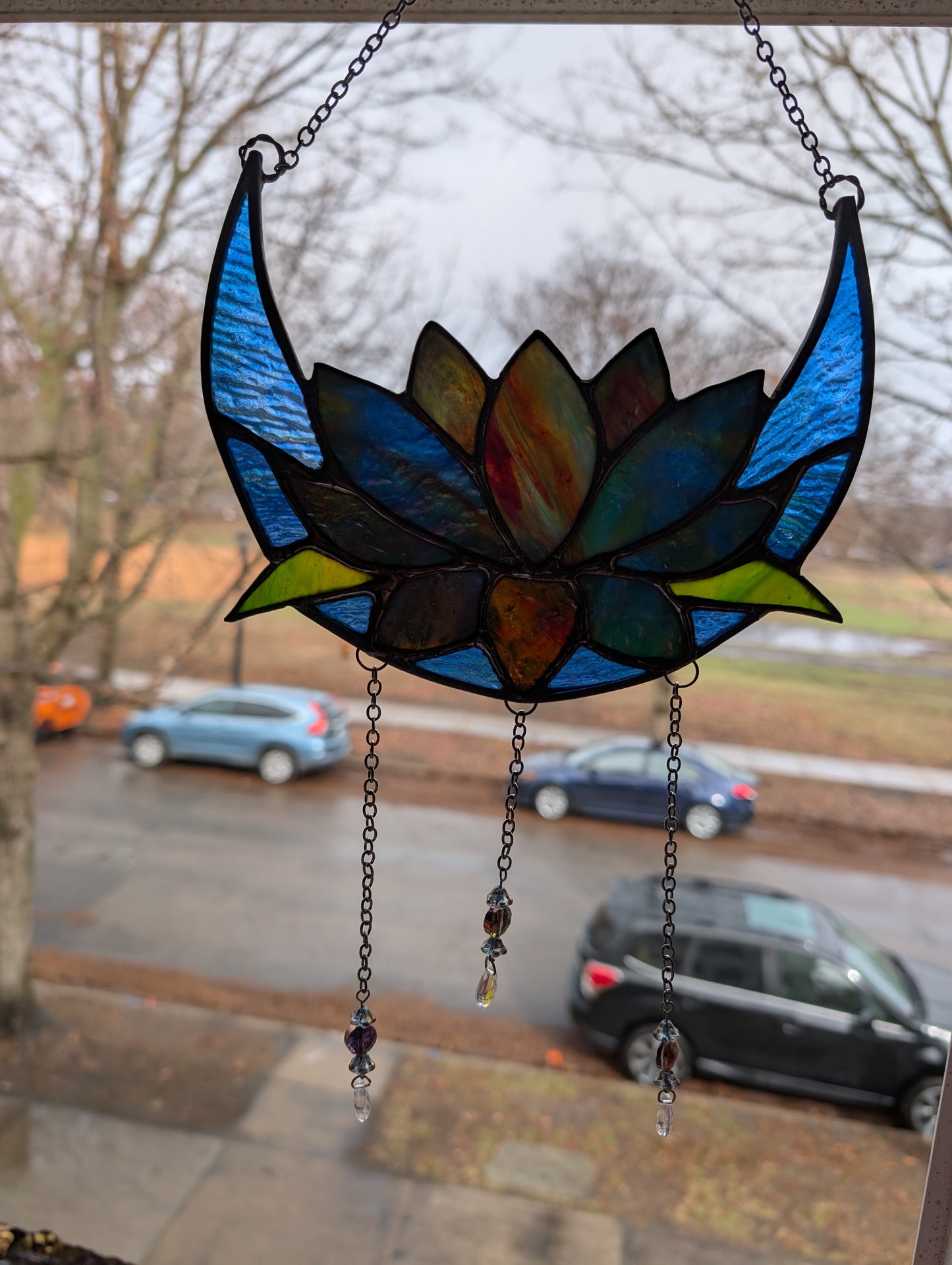 Handcrafted stained glass lotus moon blue DISCOUNTED