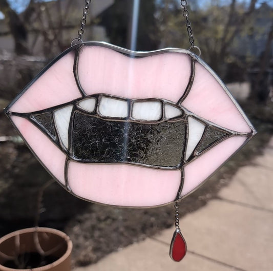 Handcrafted stained glass vampire teeth pink lips
