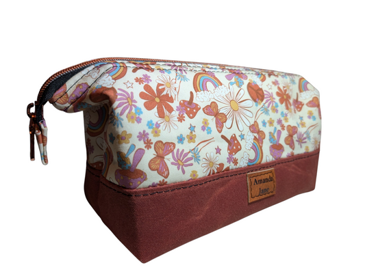 Handcrafted pouch make up toiletry bag retro peace signs, rainbows