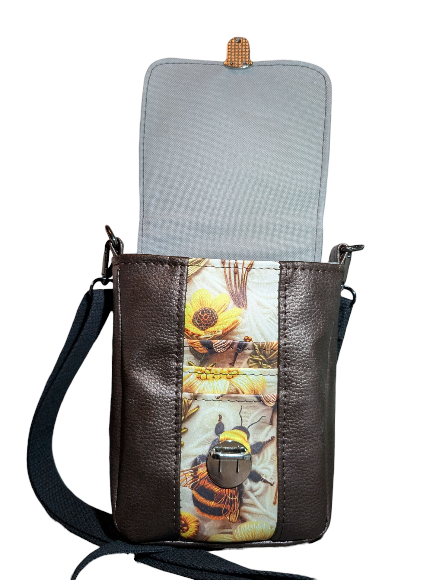 Handcrafted bag purse crossbody, built-in wallet, bees