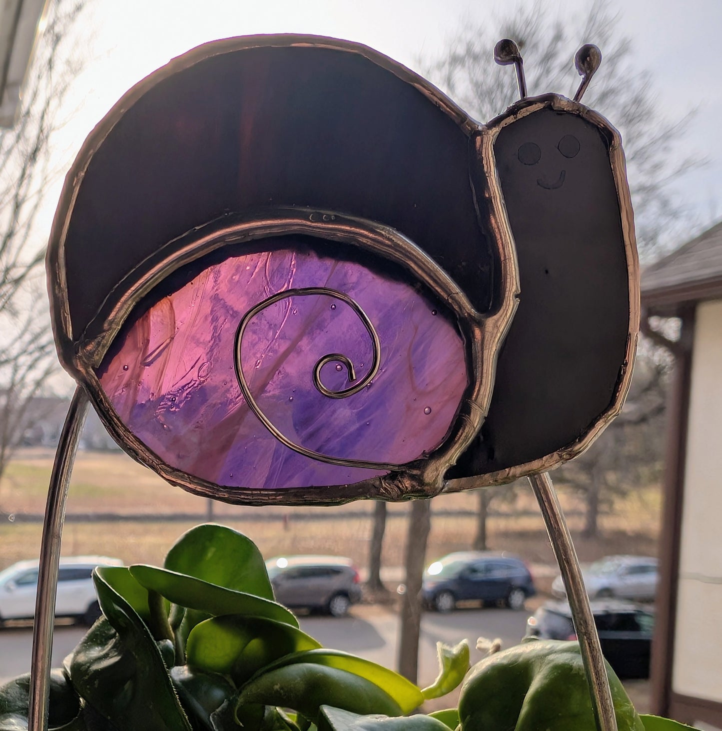 Handcrafted stained glass garden plant stake happy snail