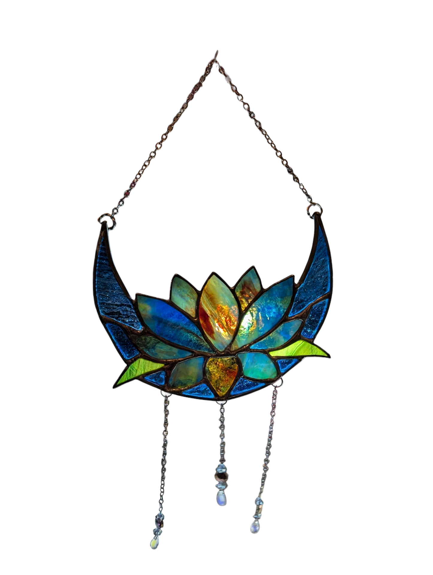 Handcrafted stained glass lotus moon blue DISCOUNTED