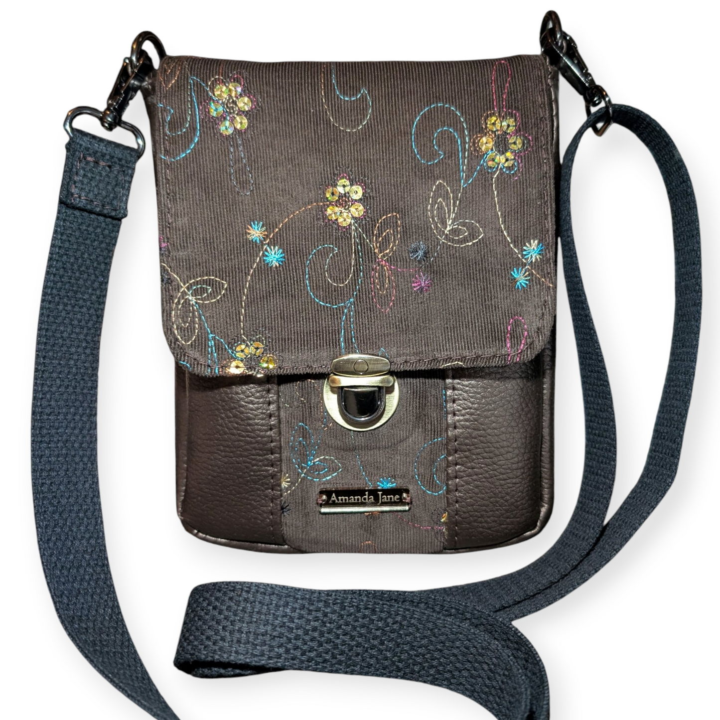 Handcrafted bag purse crossbody, built-in wallet, floral paisley corduroy