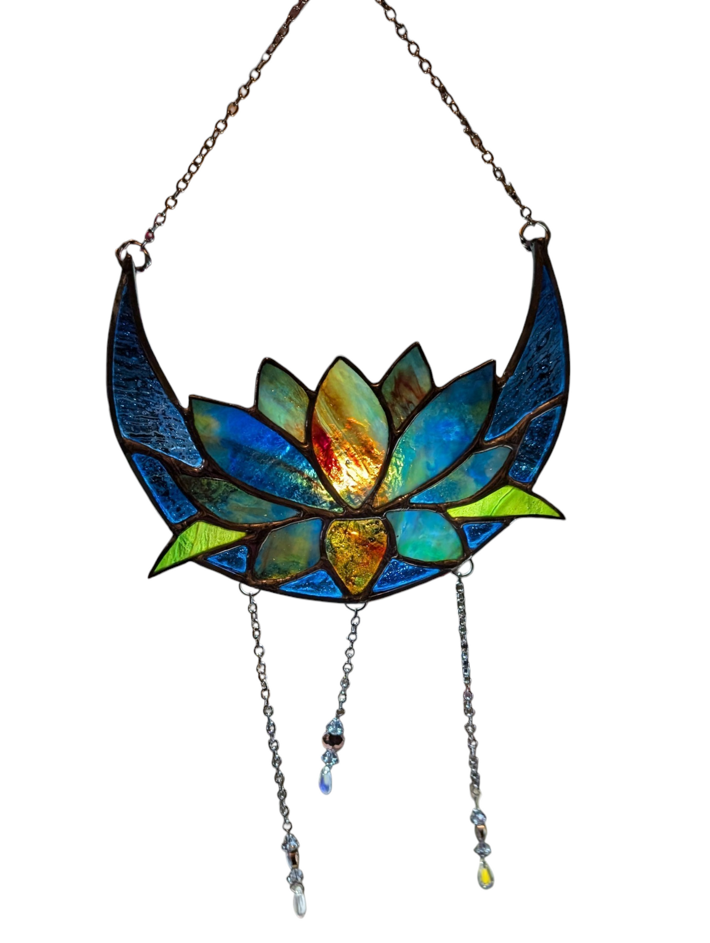 Handcrafted stained glass lotus moon blue DISCOUNTED