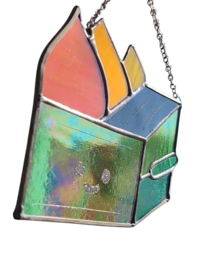 Stained glass sun catcher dumpster fire