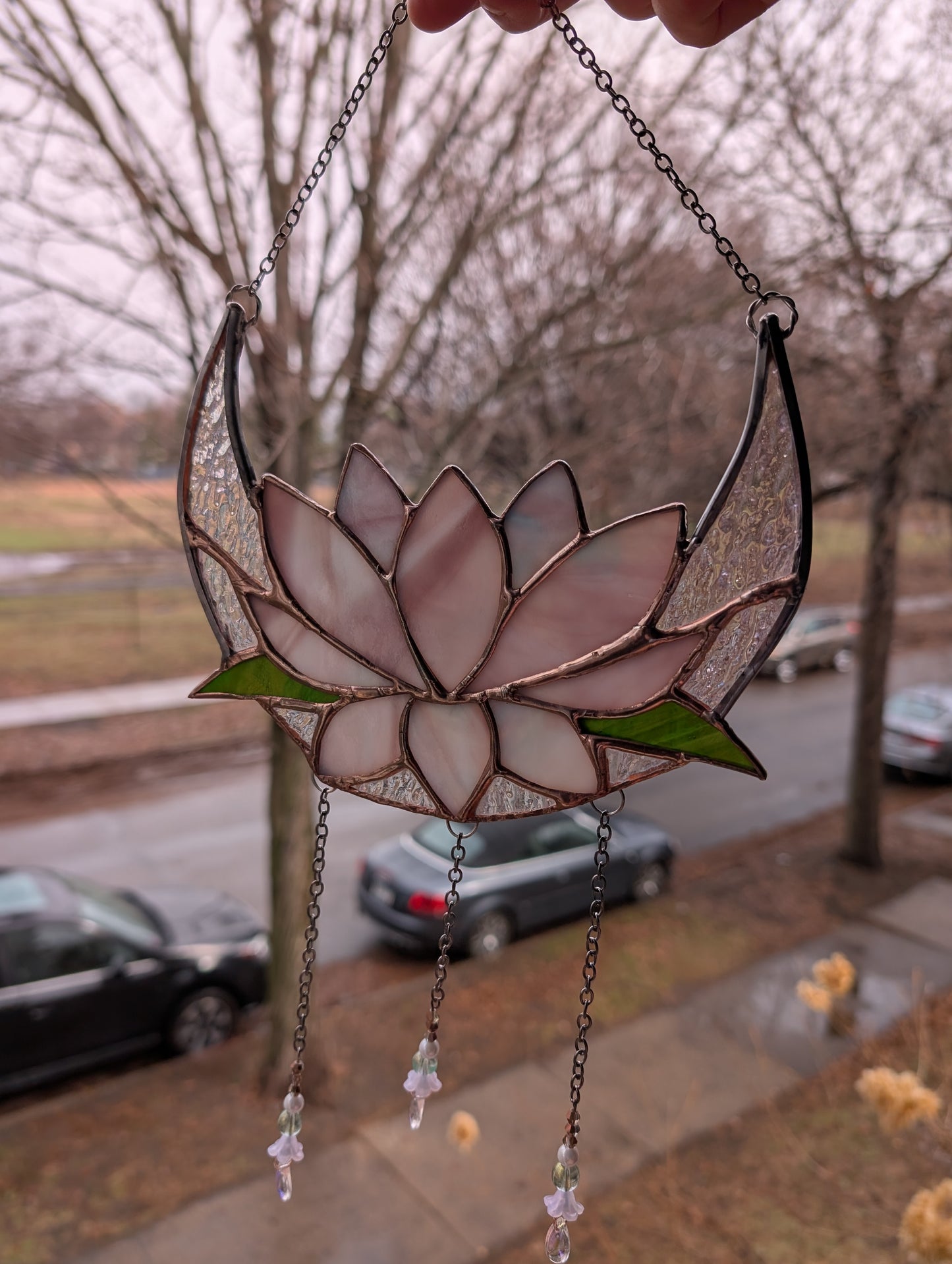 Handcrafted stained glass lotus moon pink