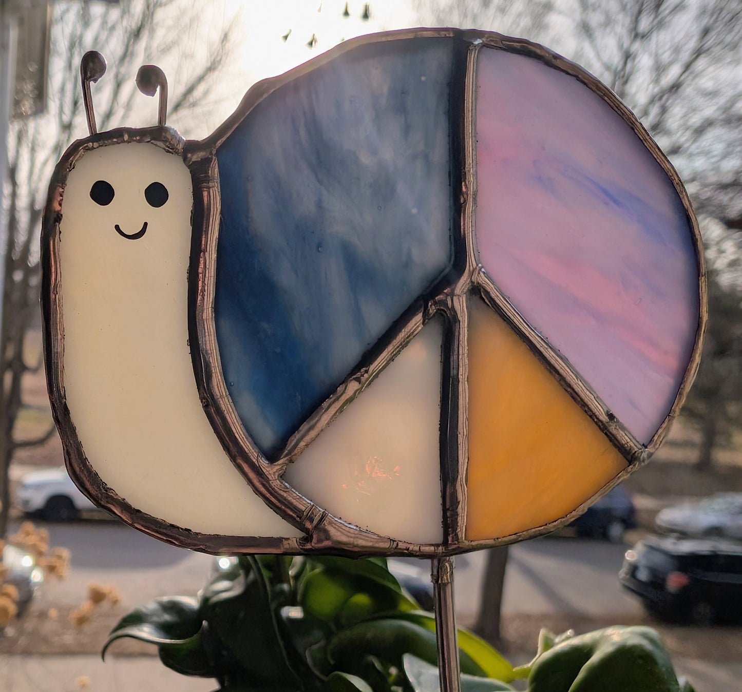 Handcrafted stained glass garden plant stake happy snail
