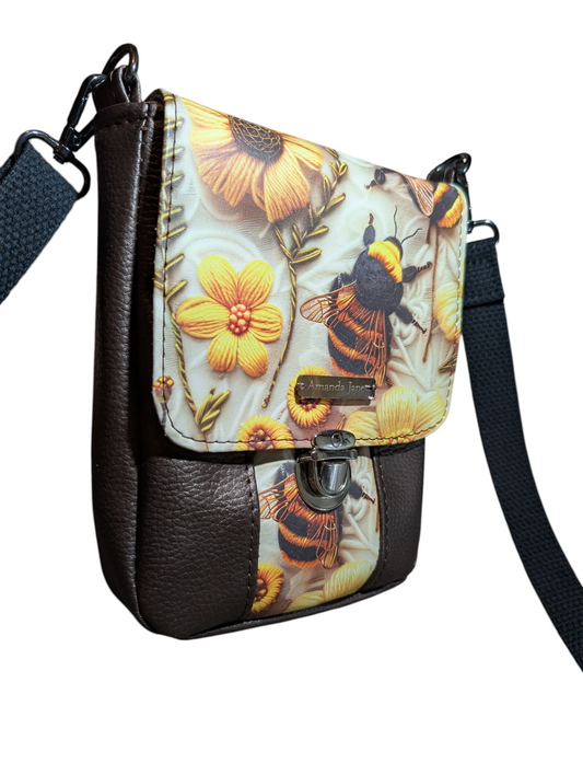Handcrafted bag purse crossbody, built-in wallet, bees