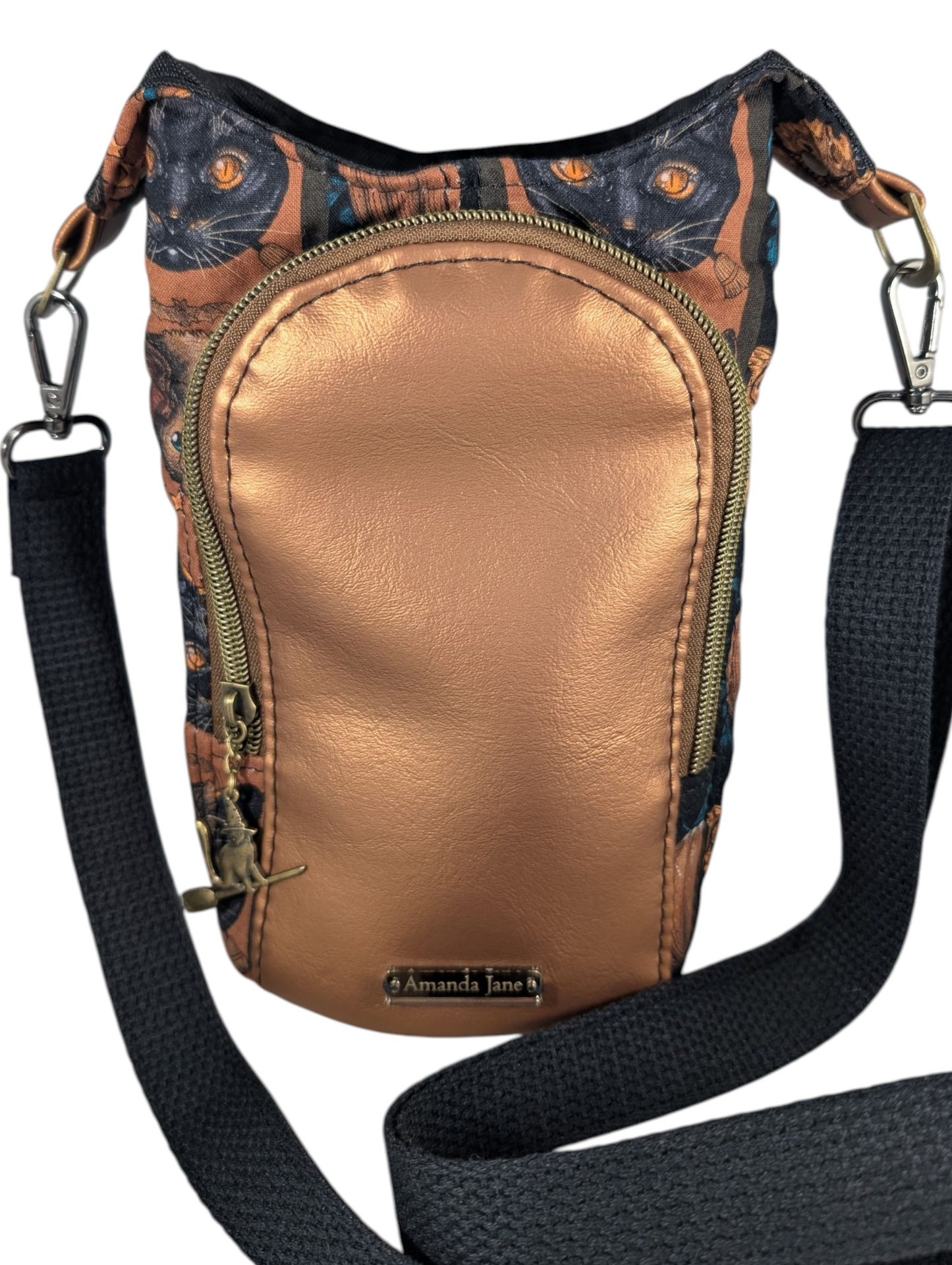 Handcrafted water bottle holder with card slots bats and cats