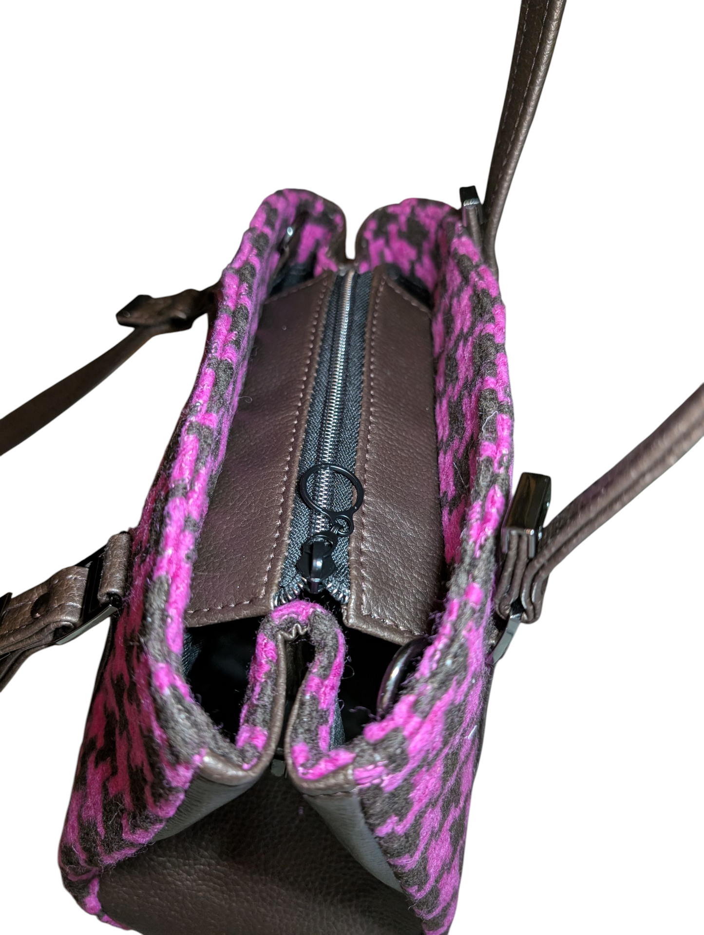 Handcrafted purse hand bag pink and brown houndstooth wool